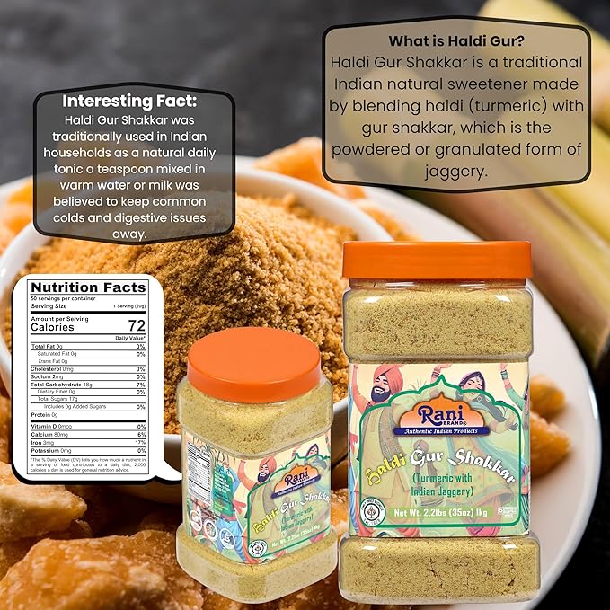 Rani Haldi Gur Shakkar (Turmeric with Indian Jaggery) Indian Unrefined Raw Cane Sugar 35oz (2.2lbs) 1kg PET Jar ~ Gluten Friendly | Vegan | NON-GMO | Kosher | No Salt or fillers | Indian Product