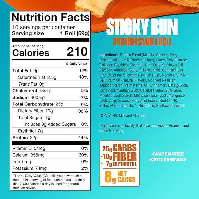 Legendary Foods 22g Protein Roll+ Sticky Bun Flavored, High Protein Snack Cakes, Low Carb Meal Replacement, Gluten Free and Keto Friendly Rolls, Zero Sugar Added, Diabetic Bariatric Friendly 10-Pack