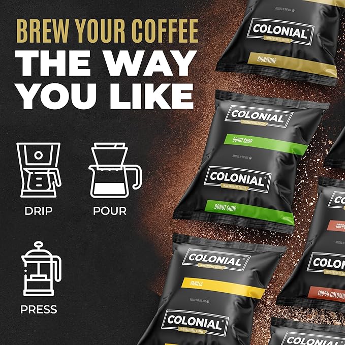 Colonial Coffee 100 Count Single Pot Coffee Packets ??100% Arabica Decaf Colombian Medium Roast | Pre-Measured Frac Packs for 12 Cup Maker | Bulk Ground Gourmet Coffee for Home & Office
