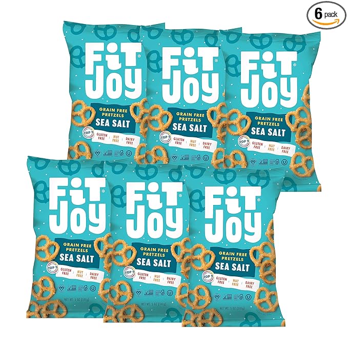 FitJoy Sea Salt Pretzels (Pack of 6, 5 Oz) - Dairy, Nut & Gluten Free Snacks - Grain Free Cassava Root & Chickpea Flour Vegan Pretzel Twists - Classic Snack Pretzels for Moms, Children and More