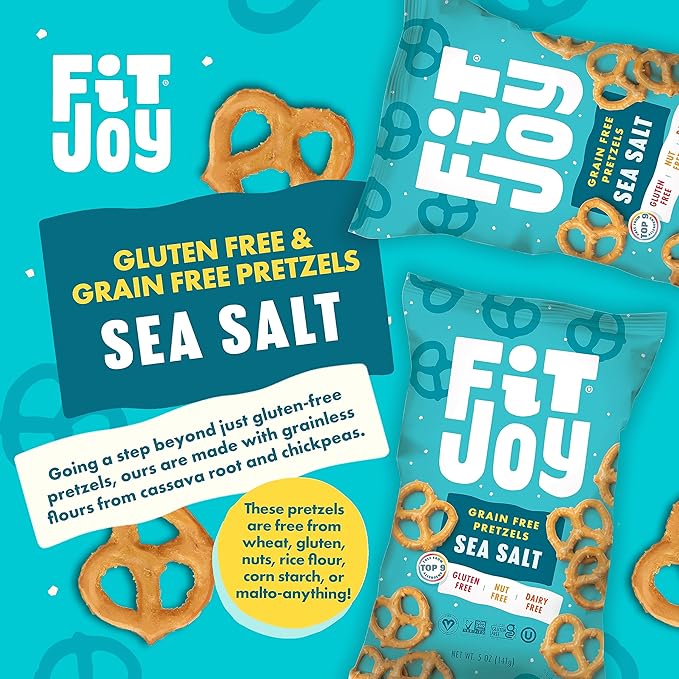 FitJoy Sea Salt Pretzels (Pack of 6, 5 Oz) - Dairy, Nut & Gluten Free Snacks - Grain Free Cassava Root & Chickpea Flour Vegan Pretzel Twists - Classic Snack Pretzels for Moms, Children and More