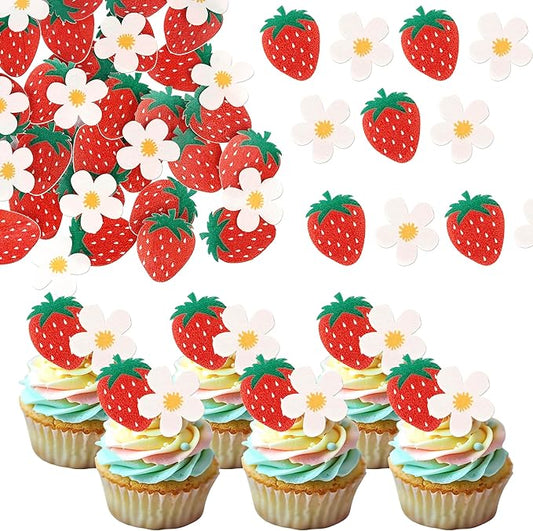 60 Pack Edible Sweet Strawberry Flower Cupcake Toppers First Birthday Strawberry Flower Rice Paper Wafer Paper Cake Picks for Fruit 1st Berry Sweet Kids Birthday Cake Decorations