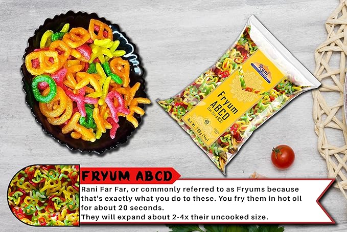 Rani Far Far/Fryums (Wheat & Tapioca Pellet) ABCD Shape 7oz (200g) ~ Vegan, Kosher, Uncooked, Used to Make Papad, Bhungra/Chip Snack