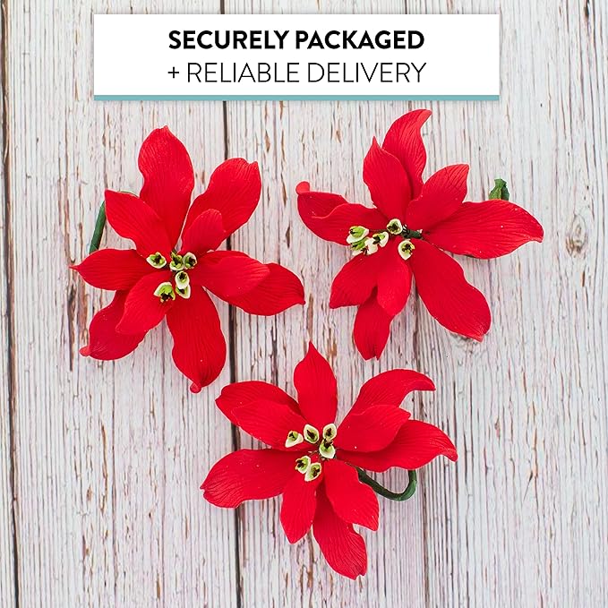 Global Sugar Art Poinsettia Fancy Sugar Cake Flowers, Red, Small, 3 Count by Chef Alan Tetreault. Perfect for Christmas Cake Decorations, Yule Logs, Gingerbread Houses, and more.