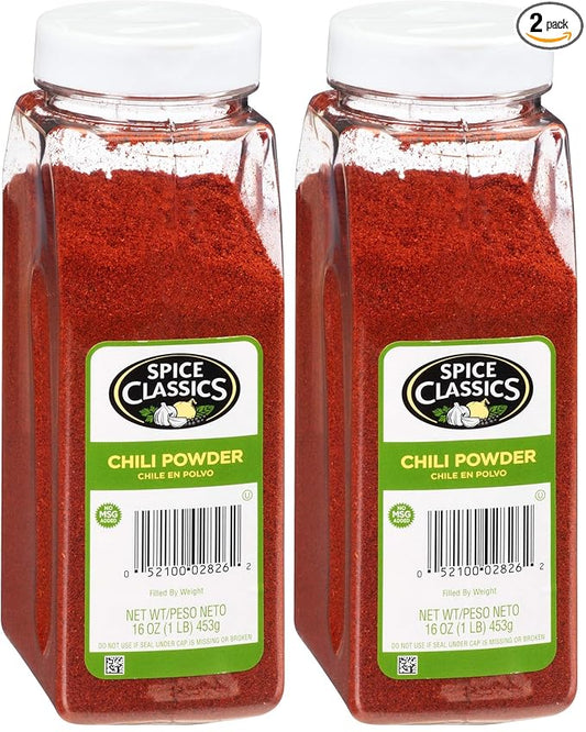 Spice Classics Chili Powder, 16 oz - One 16 Ounce Container of Ground Chili Powder Made from Chili Peppers, Oregano, and Garlic Perfect for Mexican or Southwest-Inspired Dishes (Pack of 2)