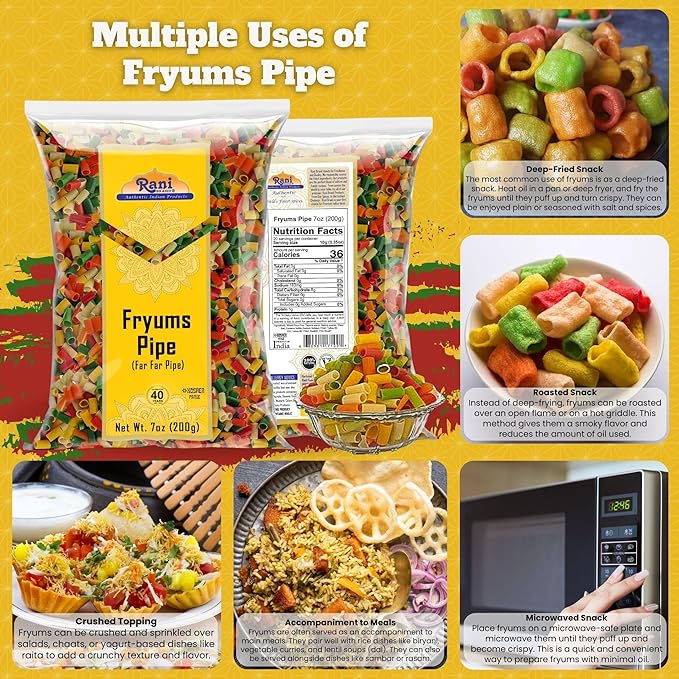 Rani Far Far/Fryums (Wheat & Tapioca Pellet) Round/Pipe Shape 7oz (200g) ~ Vegan, Kosher, Uncooked, Used to Make Papad, Bhungra/Chip Snack