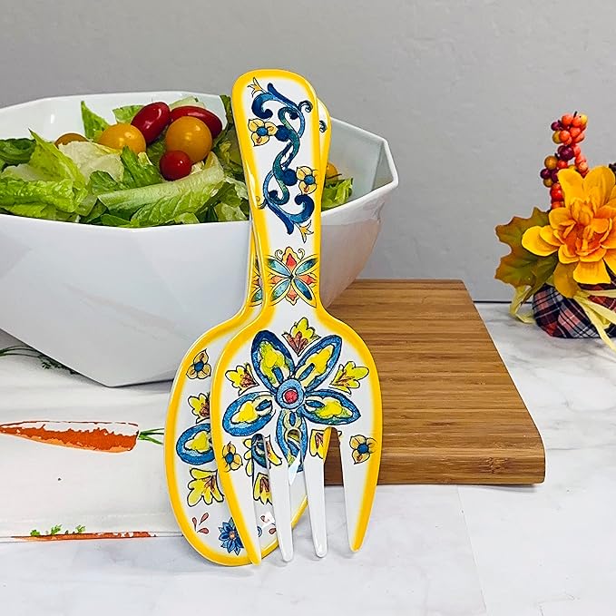 UPware Chianti Melamine Salad Servers, Serving Utensil Set, Includes Serving Fork and Spoon for Tossing Salad, Pasta, Multicolor, 10.75 Inch, Set of 2