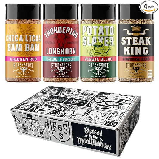 Fire & Smoke Society Meat & Potatoes Seasoning Variety Pack | BBQ Rubs, Gifts for Men, Fathers Day | Steak Rub, Chicken, Burger Seasoning, Brisket Rub| Large Spices Set (4-Pack)