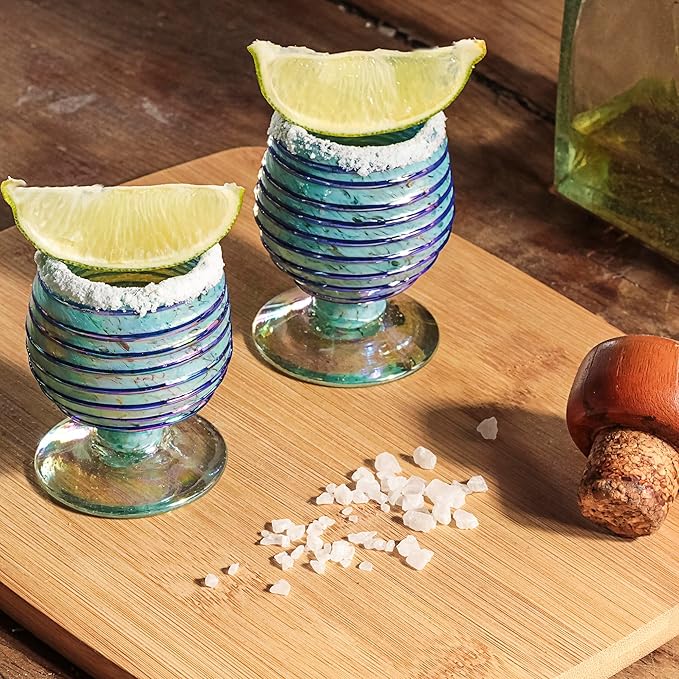 Authentic Mexican Tequila Hand Blown Shot Glasses - Set of 4-2 oz - Mini Glass Snifters - Heavy Base - Cognac (Sapphire Spiral)