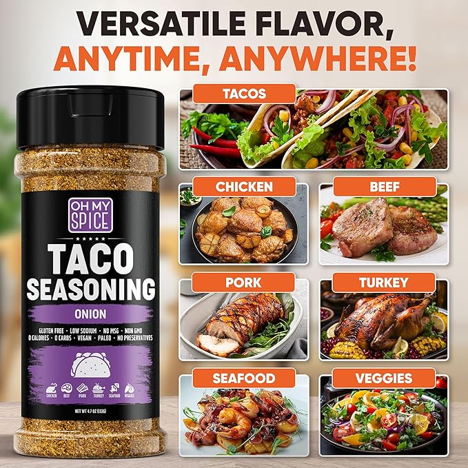 Taco Seasoning Mix Onion Powder - Gluten Free & Low Sodium Mexican Seasoning Blend for Taco Tuesday Night. Onion Salt Spices Mix for Fajita & Burrito. Meat, Chicken & Fish Tacos Seasonings. 4.7oz