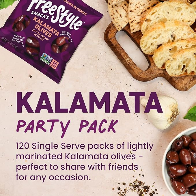 Freestyle Snacks Olive Snack Packs - Bulk Party Pack - Fresh Pitted, Jumbo Kalamata Olives, Grown in Greece, All Natural, Non-GMO, Paleo, Sugar-Free, Keto - Kalamata, 1.1oz Single Serves, 120-Pack