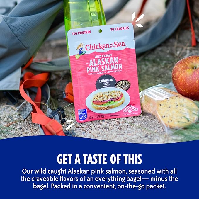 Chicken of the Sea Alaskan Pink Salmon, 2.5 oz. Packets (Box of 12), Wild Caught Salmon, Everything Bagel Seasoning