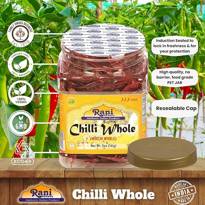 Rani Chilli Whole (Lal Mirch Sabut) 5oz (141g) PET Jar ~ All Natural, Salt-Free | Vegan | No Colors | Gluten Friendly | NON-GMO | Kosher | Indian Origin