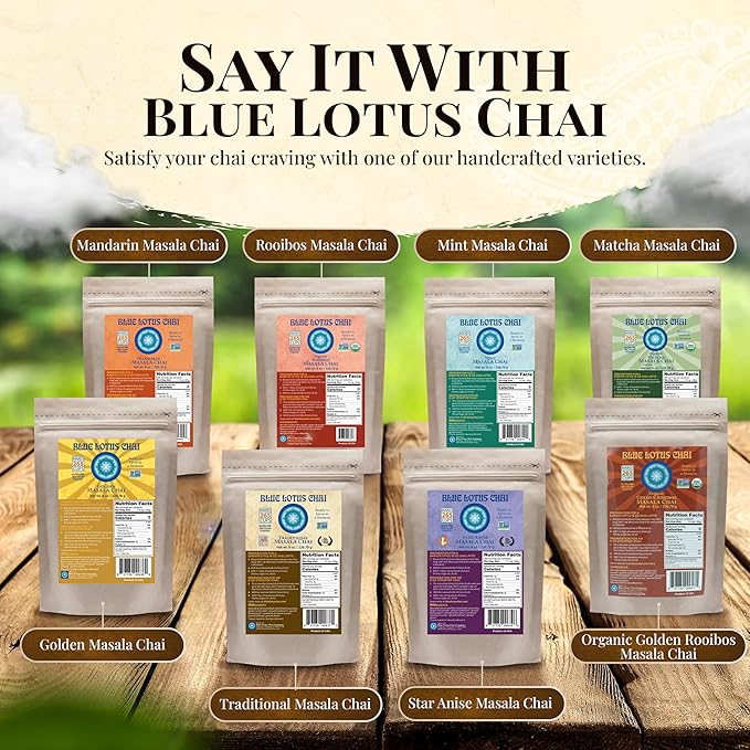 Blue Lotus Chai – Star Anise Masala Chai - Makes 265 Cups – Just Add Hot Water, No Steeping, No Gluten - 8 Ounce Masala Chai Powder with Organic Spices – Authentic Indian Tea