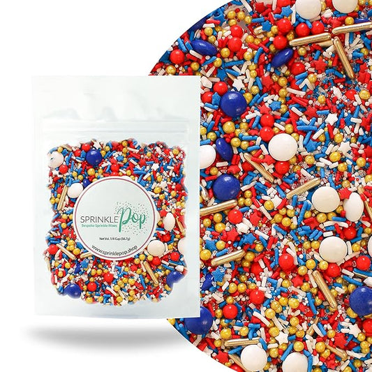 Sprinkle Pop Old Glory Sprinkle Mix| Red White Blue Sprinkles with Gold Metallics| Decorating Patriotic Sprinkles Made in USA for 4th of July Independence Day Cakes Cupcakes Donuts Cookies, 2oz