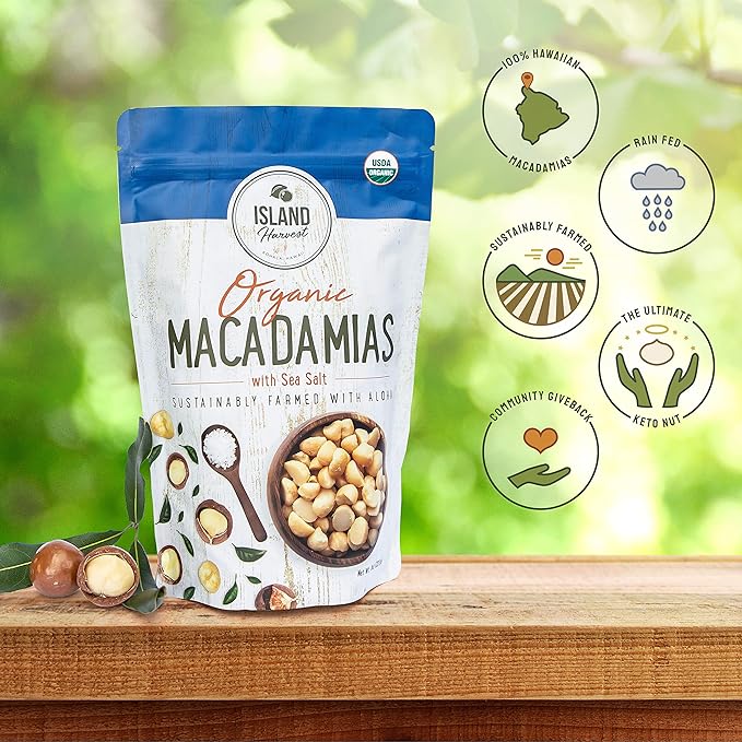 Island Harvest Organic Macadamia Nuts with Sea Salt - 100% Hawaiian Keto Friendly Nuts; All-Natural Non-GMO Macadamia Nuts Salted; Dry Roasted Nuts High In Fiber; 8 Ounce (Pack of 1)