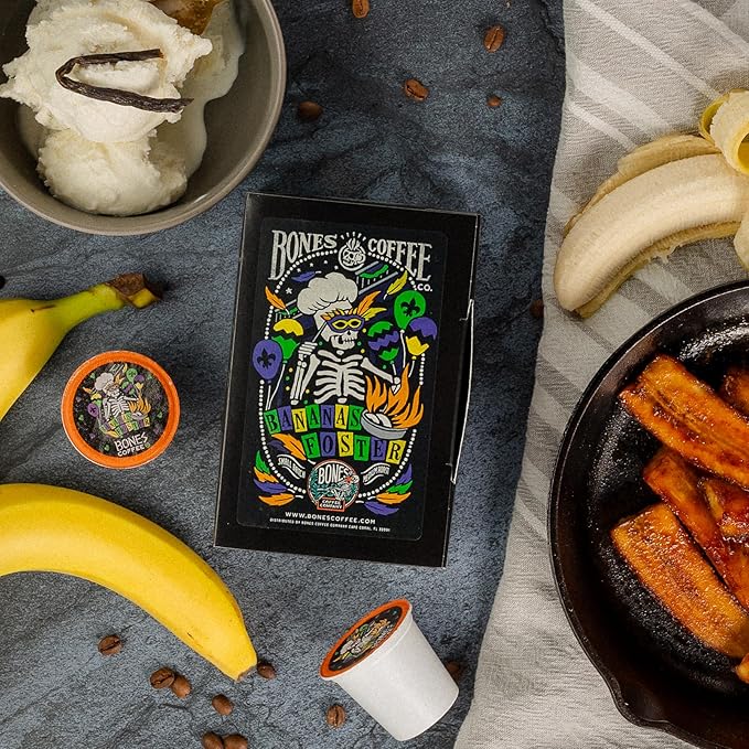 Bones Coffee Company Flavored Coffee Bones Cups Bananas Foster Flavored Pods | 12ct Single-Serve Coffee Pods Compatible with Keurig 1.0 & 2.0 Keurig Coffee Maker