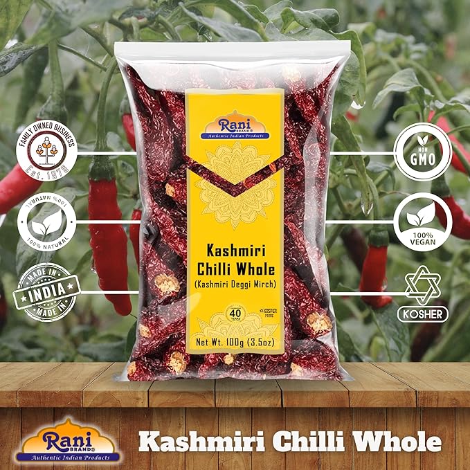 Rani Kashmiri Chilli Whole (Deggi Mirch, Low Heat) 3.5oz (100g) ~ Natural | Salt-Free | Vegan | No Colors | Gluten Friendly | NON-GMO | Kosher | Indian Origin