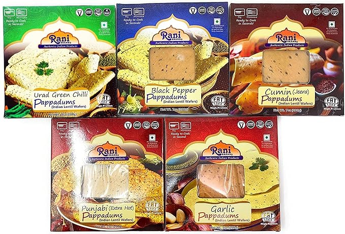 Rani Pappadums (Indian Lentil Wafer Snack) 5-Variety Papad Pack (Green Chilli, Garlic, Cumin, Extra Hot, Black Pepper) 7oz (200g) Approximately 15pc, 7 inches ~ All Natural | Gluten Friendly | NON-GMO
