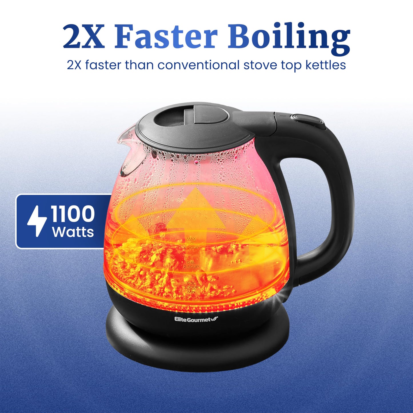 Elite Gourmet EKT1001 1.0L Glass Kettle, 1100W, Cordless Base, Black