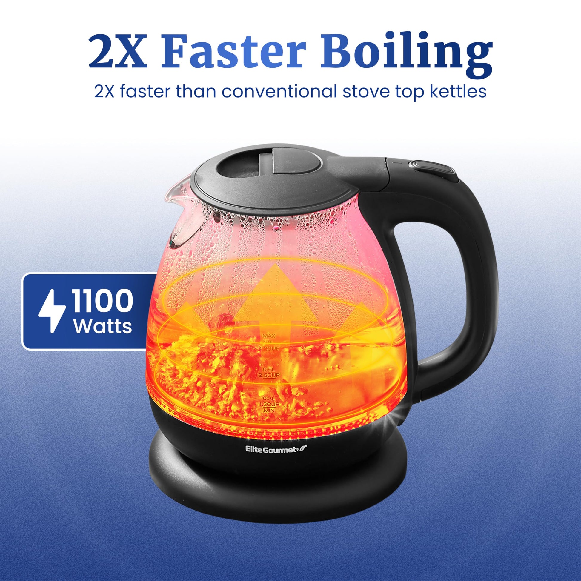 Elite Gourmet EKT1001 1.0L Glass Kettle, 1100W, Cordless Base, Black