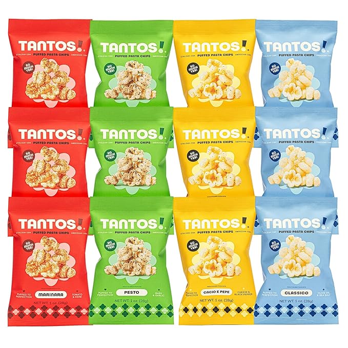 Tantos! Puffed Pasta Chips ??Healthy Pasta Snack by Top Chef Joe Sasto ??Plant-Based, Low Calorie, Crunchy Chips ??Variety Pack ??Marinara, Pesto, Cacio e Pepe, Classico ??Gourmet Bold Flavors ??(1oz-12 Pack (3 of Each Flavor), Variety)