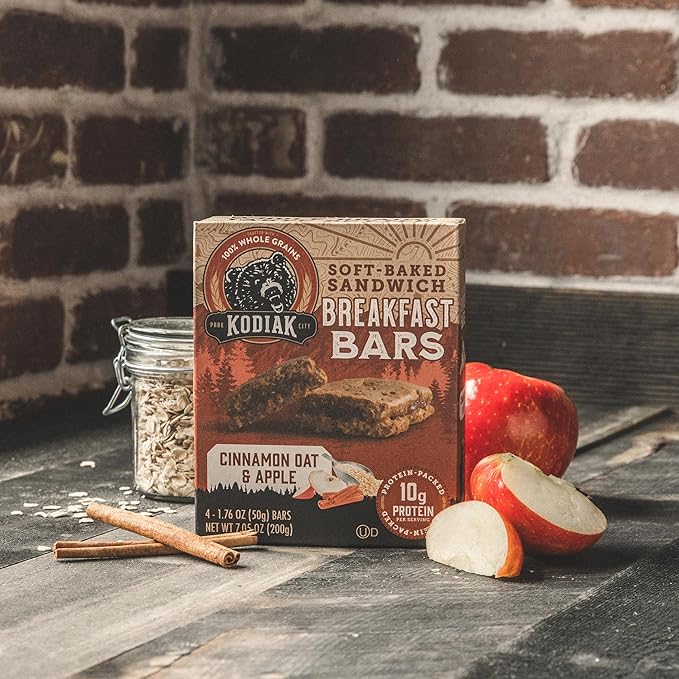 Kodiak Cakes Soft Baked Sandwich Breakfast Bar, Cinnamon Oat & Apple, High Protein, 100% Whole Grains, 12 boxes with 4 bars each (48 bars total)