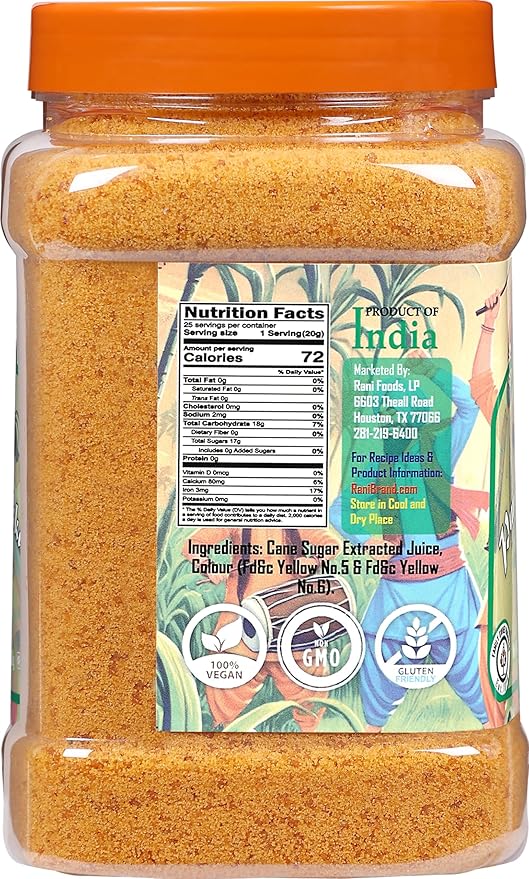 Rani Punjabi Shakkar (Gur Jaggery Powder) Indian Unrefined Raw Cane Sugar 17.5oz (1.1lbs) 500g PET Jar ~ Gluten Friendly | Vegan | NON-GMO | Kosher | No Salt or fillers | Indian Product