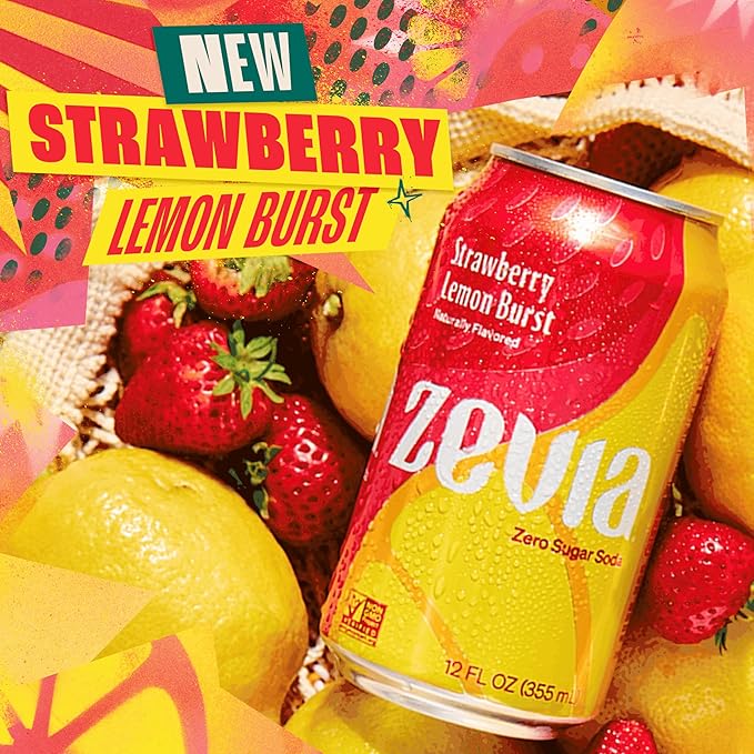 Zevia Zero Sugar Soda, Strawberry Lemon Burst, 12 oz Cans (8-Pack) ??Naturally Sweetened, Zero Calorie Sugar Free Soda - Non-GMO Project Verified, Gluten-Free, Vegan