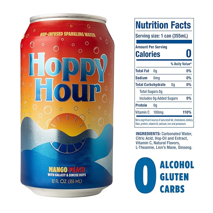 Hoppy Hour Sparkling Hop Water, Non-Alcoholic and Adaptogens Drink, Zero Sugar and Calories, Tasty Topical Mango Peach Flavor, 12 oz Cans (12-Pack)