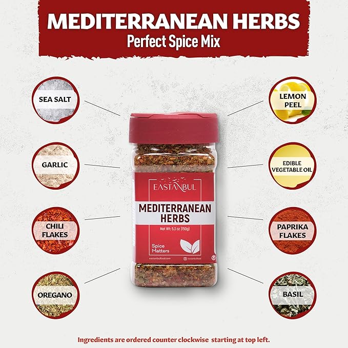Eastanbul Mediterranean Seasoning, 5.29oz, Mediterranean Spice Blend, Herb & Salt Blend, Spiced Sea Salt and Herb Seasoning For Food, No Filler, No MSG, Vegan, Gluten Free
