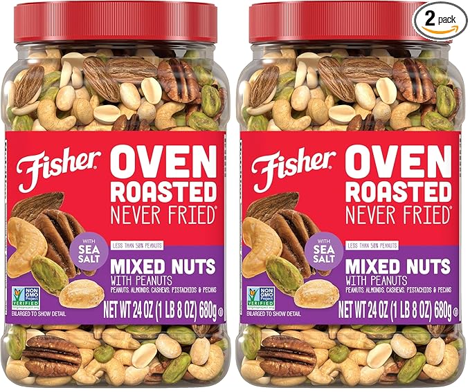 Fisher Oven Roasted Never Fried Mixed Nuts with Peanuts, 24 Ounces (Pack of 2), Peanuts, Almonds, Cashews, Pistachios, Pecans, Snacks for Adults, Made With Sea Salt, No Added Oils, Artificial Ingredients or Preservatives, Trail Mix, Gluten Free