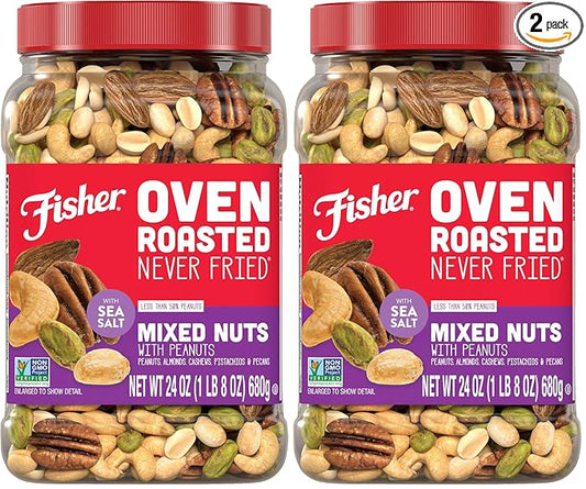 Fisher Oven Roasted Never Fried Mixed Nuts with Peanuts, 24 Ounces (Pack of 2), Peanuts, Almonds, Cashews, Pistachios, Pecans, Snacks for Adults, Made With Sea Salt, No Added Oils, Artificial Ingredients or Preservatives, Trail Mix, Gluten Free