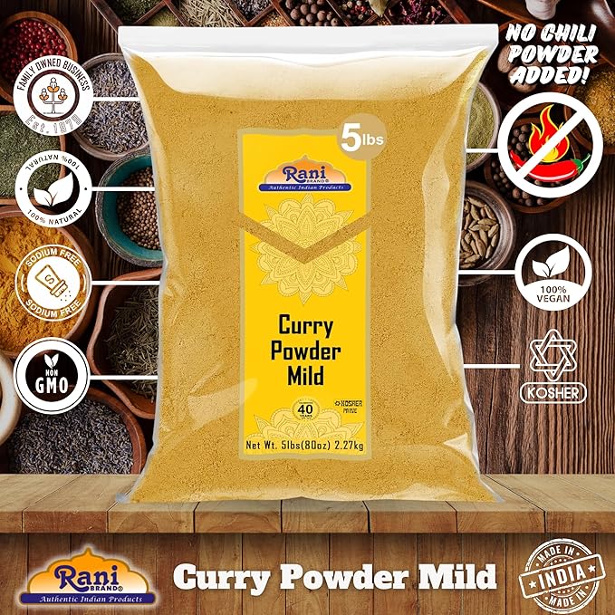 Rani Curry Powder Mild (10-Spice Authentic Indian Blend) 80oz (5lbs) 2.27kg Bulk ~ All Natural | Salt-Free | NO Chili or Peppers | Vegan | No Colors | Gluten Friendly | NON-GMO | Indian Origin