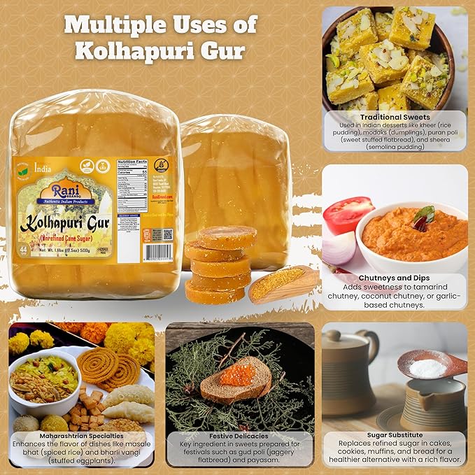 Rani Kolhapuri Gur (Jaggery) 17.5oz (1.1lbs) 500g ~ Unrefined Cane Sugar, No Color added, Gluten Friendly | Vegan | NON-GMO | Kosher | No Salt or fillers