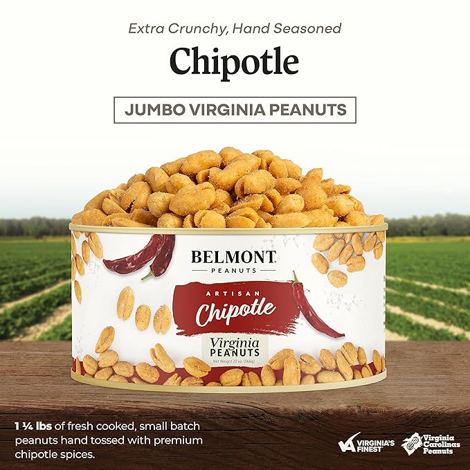 Belmont Peanuts Gourmet Chipotle & Sea Salt Virginia Peanuts, 20 oz (1 Pack) ??Simple Ingredients, No Preservatives, 7g Protein ??A Spicy, Salty, Crunchy, Hand Seasoned Snack