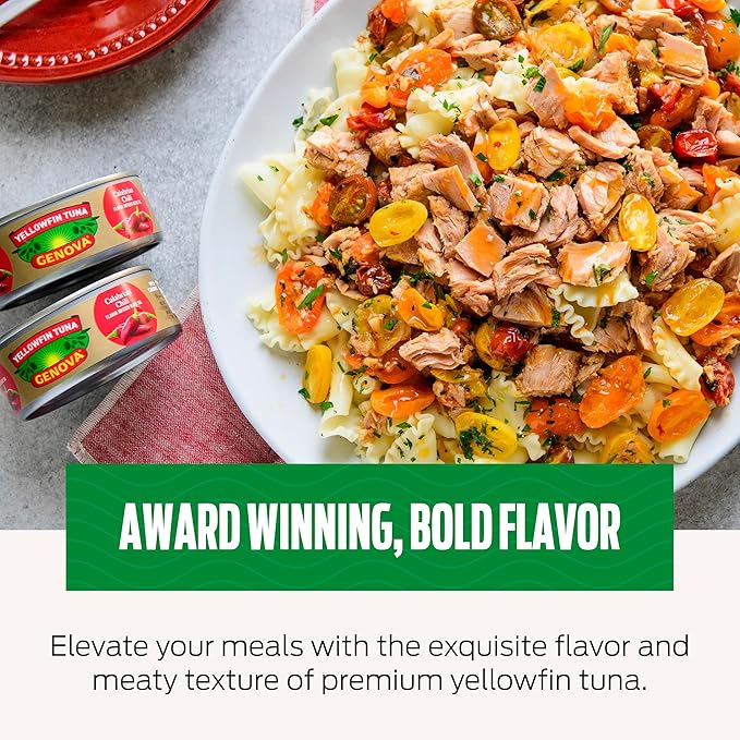 Genova Premium Yellowfin Tune in Calabrian Chili Infused Olive Oil, 5 Ounce Cans, 12-Pack – Nutrient Rich, High Protein Canned Tuna Fish - Delicious, Easy, Nutritious Ready to Eat Meals