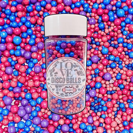 Confect Love Disco Balls Sprinkle Mix ??Pink, Blue & Purple Pearl Candy Balls for Cake Decorating, Cupcakes, Cookies & Desserts ??Edible Sprinkles Topping | Vegan, Gluten-Free, Nut-Free, Soy-Free, Dairy-Free, Palm Oil-Free- 4.2 Oz