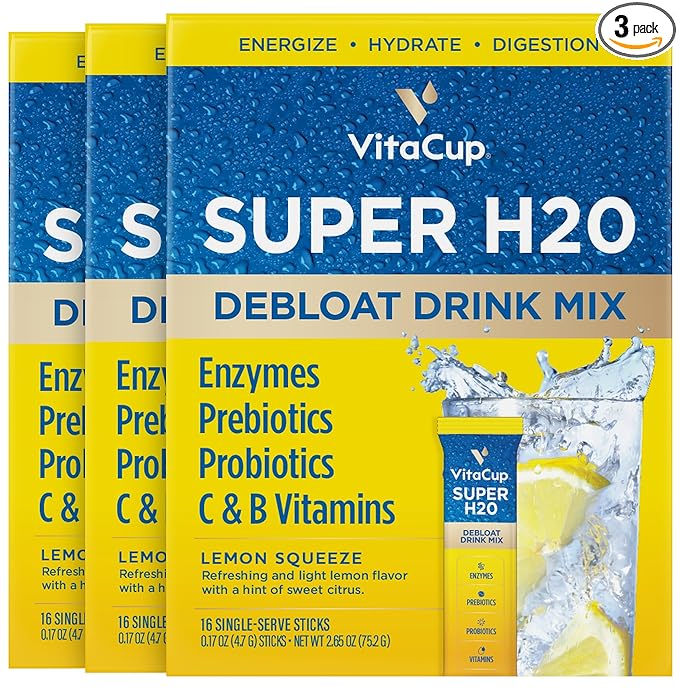 VitaCup Super H2O Bloating Relief and Digestive Health Drink Mix Packets, Probiotics, Prebiotics, C & B Vitamins, Lemon Flavor Water Enhancer Packets, 48 ct