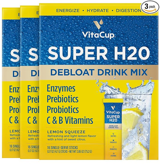 VitaCup Super H2O Bloating Relief and Digestive Health Drink Mix Packets, Probiotics, Prebiotics, C & B Vitamins, Lemon Flavor Water Enhancer Packets, 48 ct