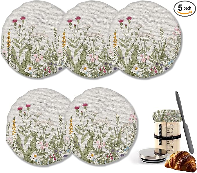 Herbs 5- Pack Cloth Covers for Sourdough Starter Jar, Wild Flowers Cloth Covers Reusable Lid Top Sourdough Bowl Cover Bread Fermentation Baking Supplies for 3-4 Inch Jar Mouth