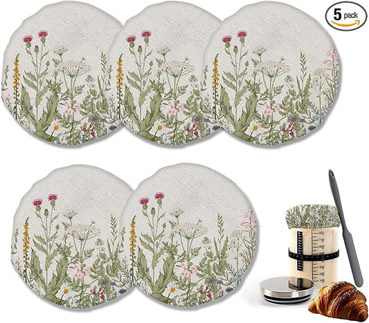 Herbs 5- Pack Cloth Covers for Sourdough Starter Jar, Wild Flowers Cloth Covers Reusable Lid Top Sourdough Bowl Cover Bread Fermentation Baking Supplies for 3-4 Inch Jar Mouth