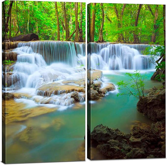 Waterfall Canvas Wall Art Decor - 2 Piece Set, Decorative Multi Panel Split Prints - Forest Landscape Picture for Living Room, Kitchen, Bedroom, Office & Home Decor Gift