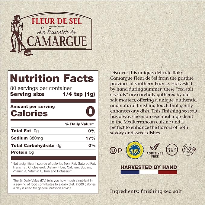 Le Saunier de Camargue Fleur de Sel – Original French Sea Salt Finishing Salt – Gourmet Hand-Harvested Flaky Salt in Glass Shaker – 80g