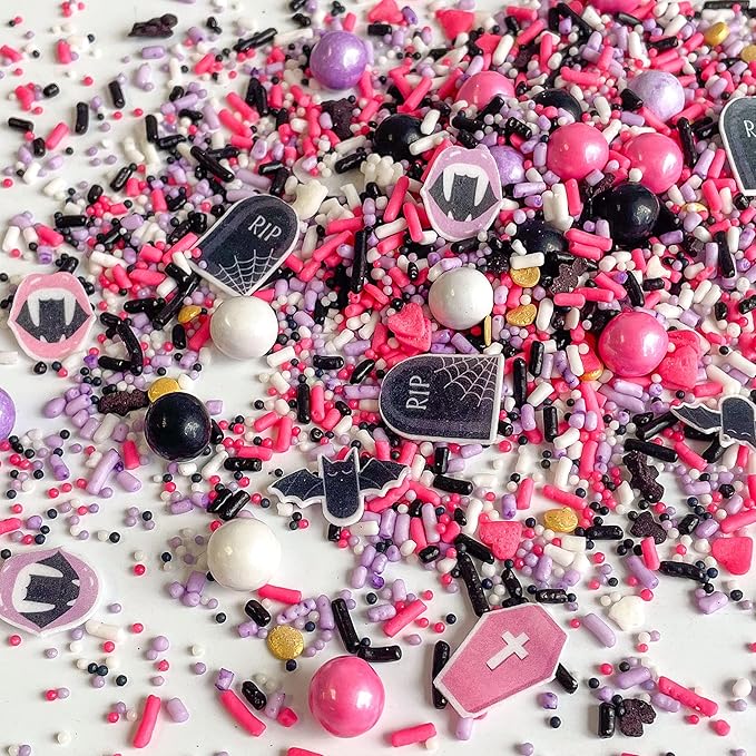 Sprinkle Pop Drop Dead Gorgeous Sprinkle Mix| Black White Purple Pink Sprinkles with ~20 Pink Caskets Bats Fangled Lips Tombstones Wafer Paper| Halloween Sprinkles Made in USA For Cakes Cupcakes,4oz