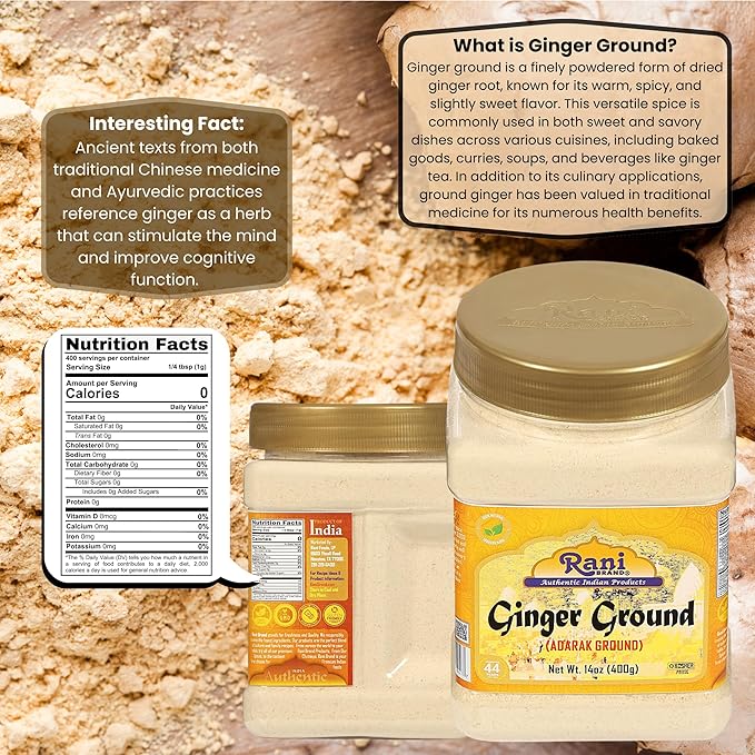 Rani Ginger (Adarak) Powder Ground, Spice 14oz (400g) PET Jar ~ All Natural | Vegan | Gluten Friendly | NON-GMO | Kosher | Indian Origin