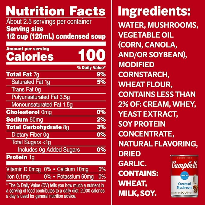 Campbell?™s Condensed Unsalted Cream of Mushroom Soup, 10.5 Ounce Can (Pack of 12), brand is Campbell''s