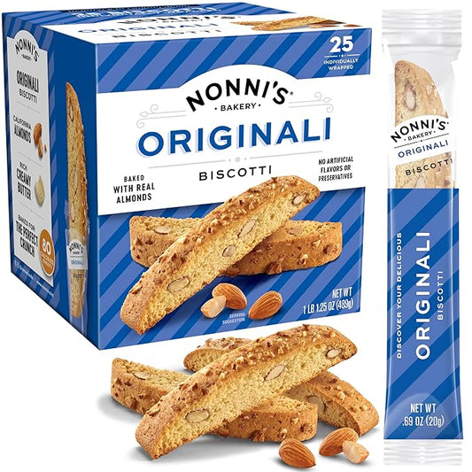 Nonni's Originali Classic Almond Biscotti Cookies ??Individually Wrapped Italian Coffee Snack, Crunchy Twice-Baked, 80 Cal Each, 17.25 oz Carton