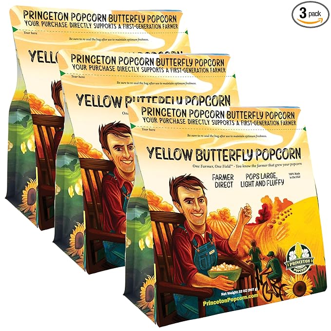 Princeton Popcorn Yellow Butterfly Hulless Popcorn Kernels - Easy-Eating, Large Tender Popping Corn, Non-GMO Popcorn Kernels, No Hulls, Farmer Direct, Microwave Air Popper or Stovetop 3-Pack 2lb Bag 96oz