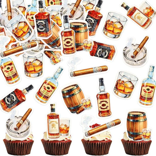 40pcs Edible Whiskey Cupcake Toppers Whiskey Man Happy Birthday Decorations Oktoberfest Festival Theme Decorations Supplies